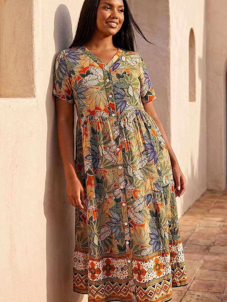 Roman Green Curve Leaf Print Button Maxi Dress - Image 1 of 4