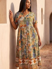 Roman Green Curve Leaf Print Button Maxi Dress - Image 3 of 4
