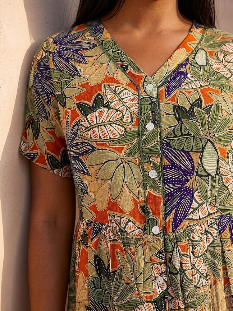 Roman Green Curve Leaf Print Button Maxi Dress - Image 4 of 4