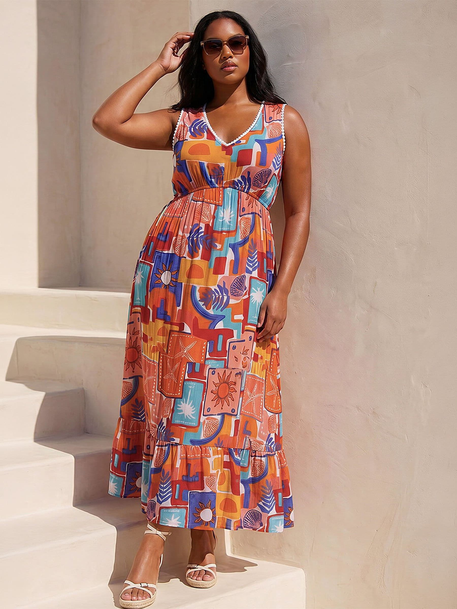 Roman Women's Red Curve Postcard Print V-Neck Maxi Dress
