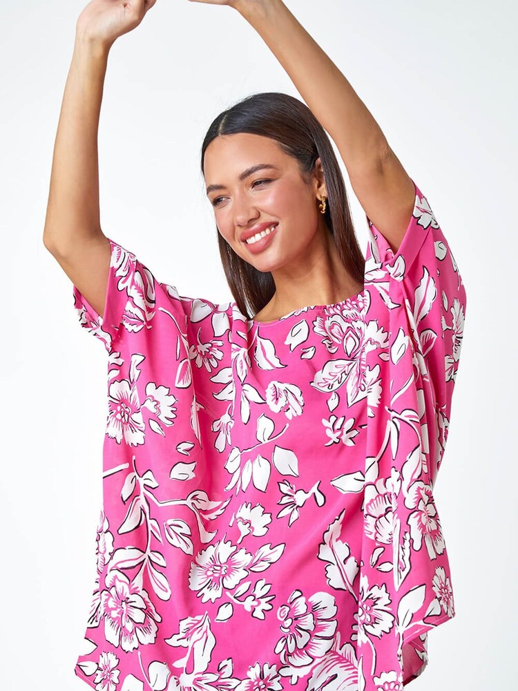 Roman Pink Floral Print Button Back Top - Image 1 of 1