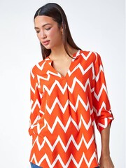 Roman Orange Zig Zag Print Pleat Detail Top - Image 1 of 5