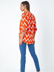 Roman Orange Zig Zag Print Pleat Detail Top - Image 2 of 5