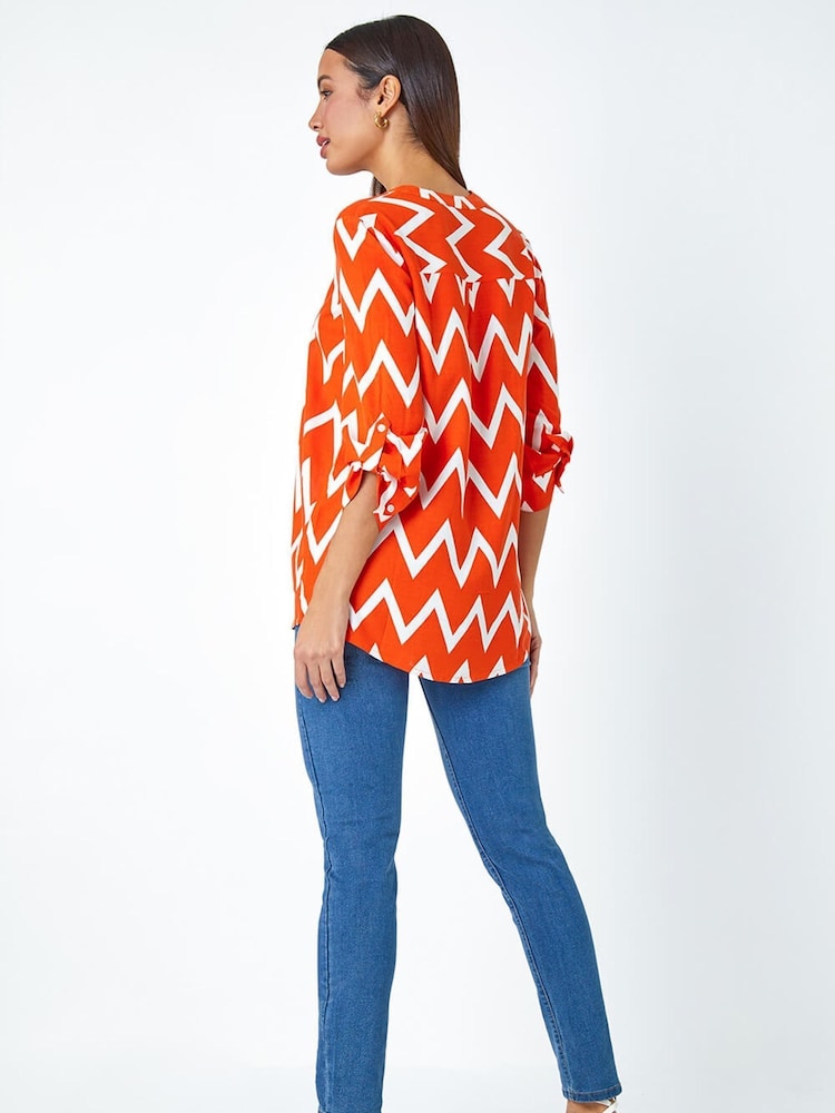 Roman Orange Zig Zag Print Pleat Detail Top - Image 2 of 5