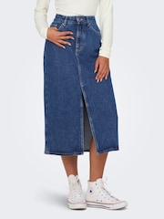 ONLY Blue 100% Cotton Denim Midi Skirt With Front Split - Image 1 of 7