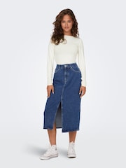 ONLY Blue 100% Cotton Denim Midi Skirt With Front Split - Image 2 of 7