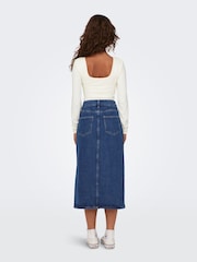 ONLY Blue 100% Cotton Denim Midi Skirt With Front Split - Image 3 of 7