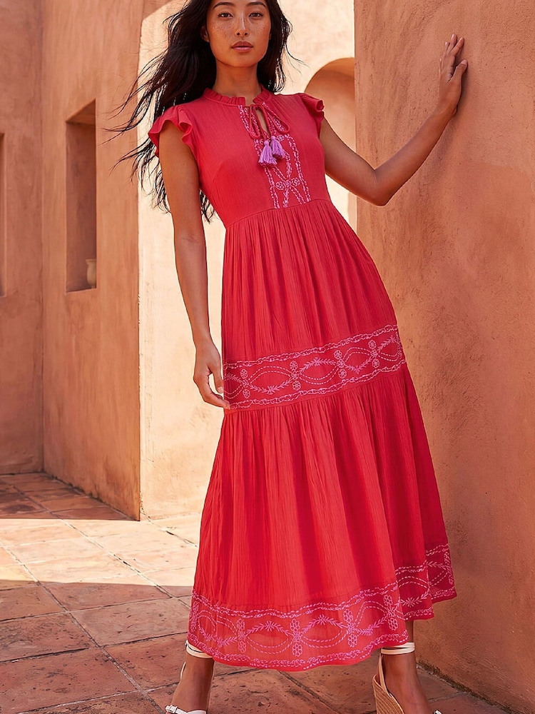 embroidered tiered dress Novelty Embroidered Tiered Maxi Dress - Lapis Blue