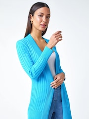 Roman Blue Longline Stretch Ribbed Cardigan - Image 1 of 5