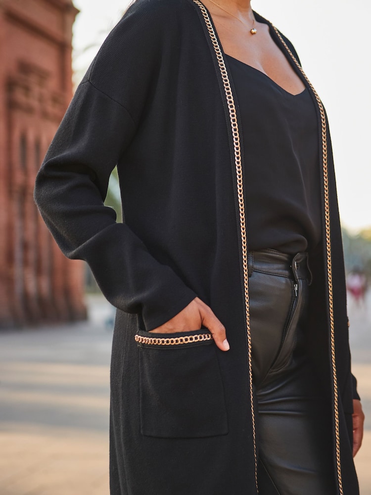 Sosandar Black Longline Chain Trim Cardigan - Image 5 of 5