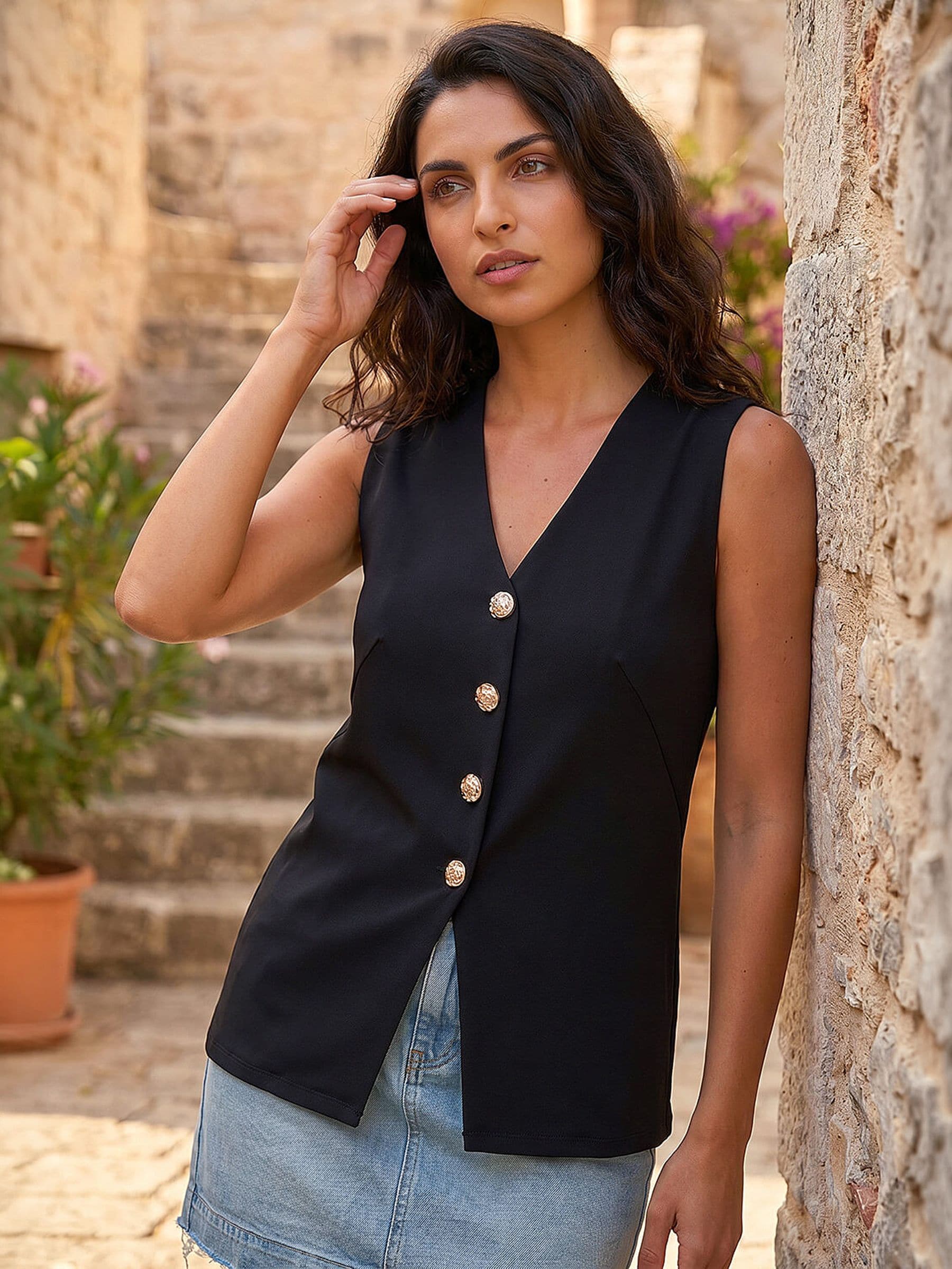 Roman Women's Black Statement Button Waistcoat