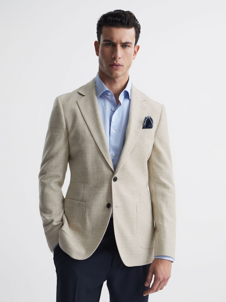 Reiss Oatmeal Attire Slim Fit Textured Wool Blend Blazer - Image 1 of 7