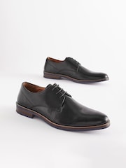 Black Standard Fit Leather Derby Shoes with Navy Contrast Sole - Image 2 of 7