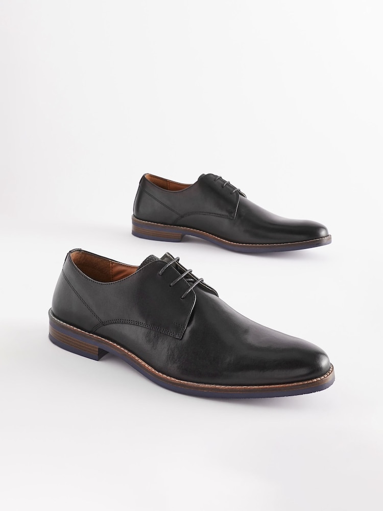 Black Standard Fit Leather Derby Shoes with Navy Contrast Sole - Image 2 of 7