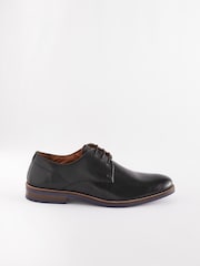 Black Standard Fit Leather Derby Shoes with Navy Contrast Sole - Image 3 of 7