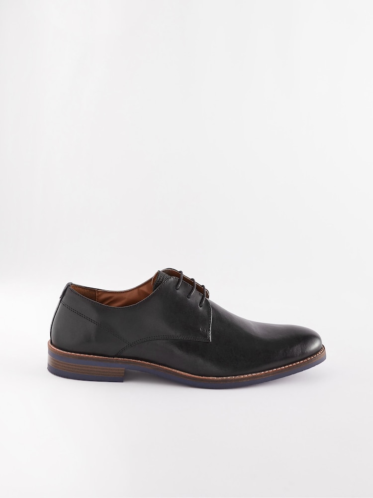 Black Standard Fit Leather Derby Shoes with Navy Contrast Sole - Image 3 of 7