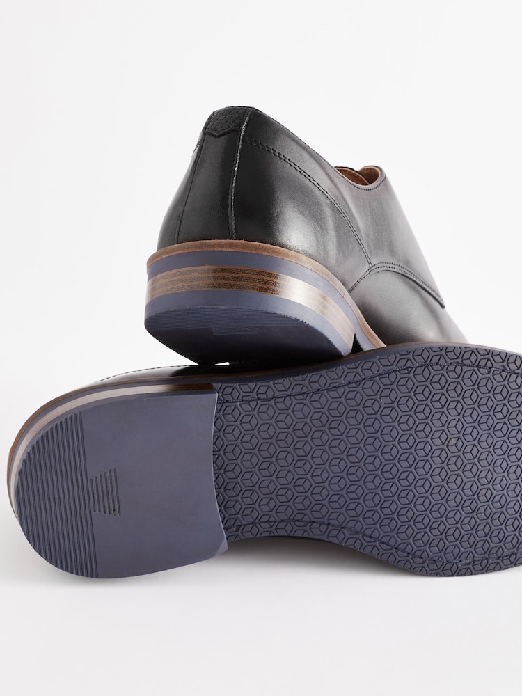 Black Standard Fit Leather Derby Shoes with Navy Contrast Sole - Image 4 of 7
