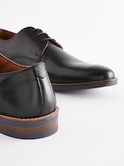 Black Standard Fit Leather Derby Shoes with Navy Contrast Sole - Image 6 of 7