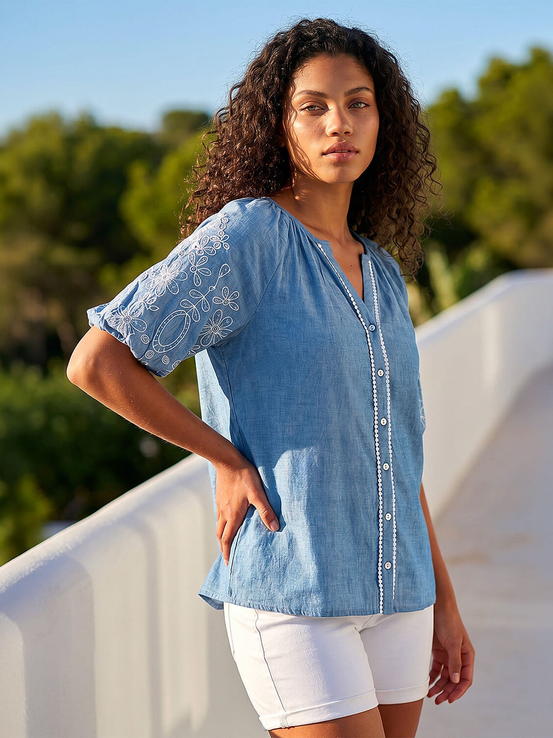 Roman Women's Blue Petite Embroidered V-Neck Top