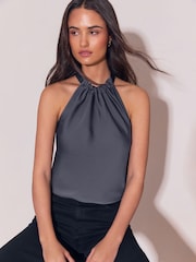 Lipsy Grey Satin Halter Neck Top - Image 1 of 5