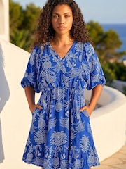 Roman Blue Petite Palm Print Smock Dress - Image 1 of 4