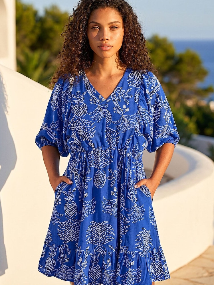 Roman Blue Petite Palm Print Smock Dress - Image 1 of 4