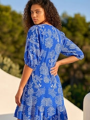 Roman Blue Petite Palm Print Smock Dress - Image 3 of 4