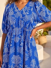 Roman Blue Petite Palm Print Smock Dress - Image 4 of 4