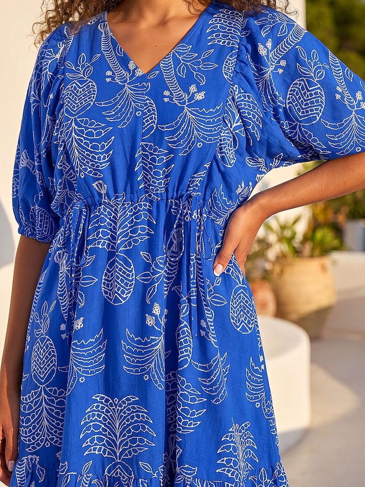 Roman Blue Petite Palm Print Smock Dress - Image 4 of 4