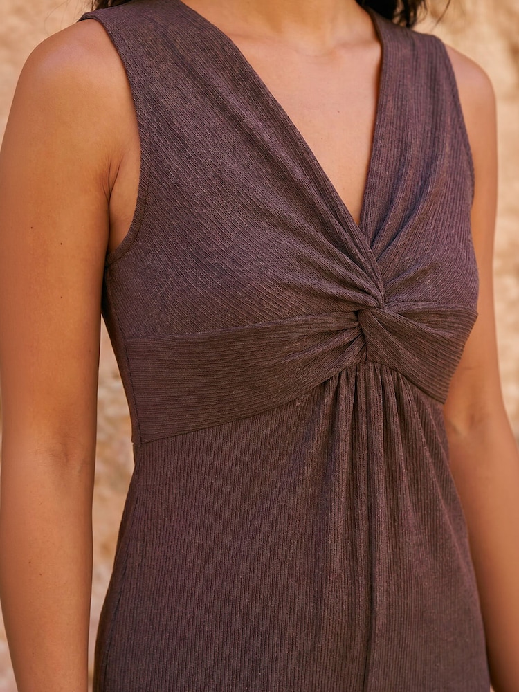 Roman Brown Petite Front Twist Textured Jumpsuit - Image 4 of 4 Roman Brown Petite Front Twist Textured Jumpsuit - Image 4 of 4