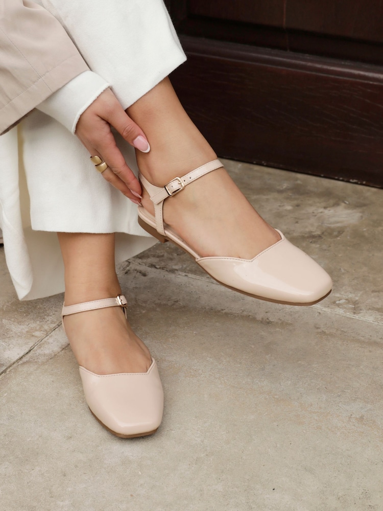 Linzi Nude Tai Open Back Square Toe Loafers With Ankle Strap - Image 1 of 5 Linzi Nude Tai Open Back Square Toe Loafers With Ankle Strap - Image 1 of 5