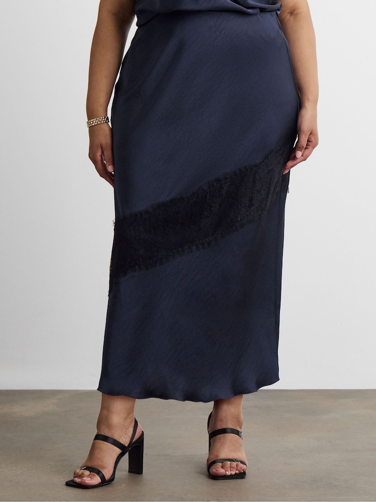 Joanna Hope Blue Lace Trim Satin Skirt - Image 1 of 4