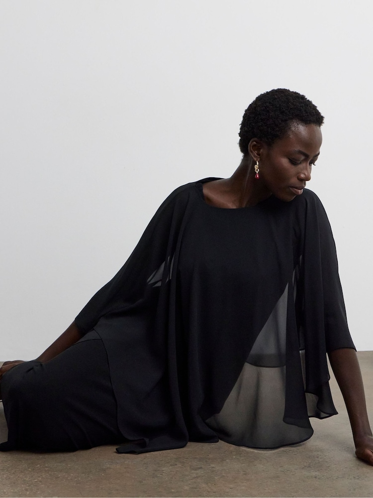 Joanna Hope Black Satin Cape Midi Dress - Image 2 of 4 Joanna Hope Black Satin Cape Midi Dress - Image 2 of 4