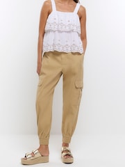 River Island Brown Beige Self Belt Cuffed Cargo Trousers - Image 1 of 4