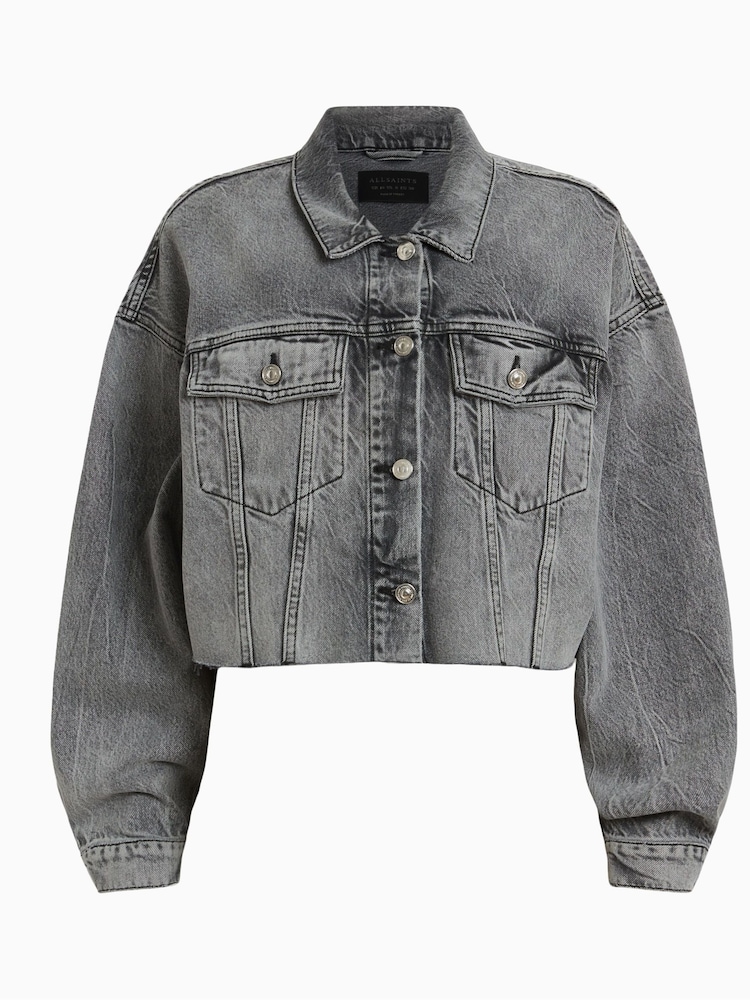 AllSaints Grey Piper Crop Denim Jacket - Image 1 of 1