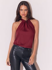 Lipsy Burgundy Red Satin Halter Neck Top - Image 1 of 5