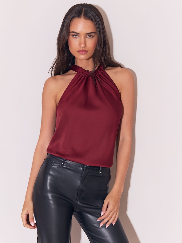 Lipsy Burgundy Red Satin Halter Neck Top - Image 1 of 5