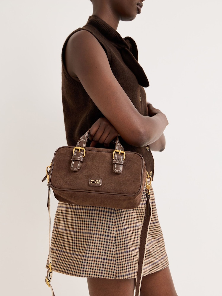 Oliver Bonas Brown Sara Buckle Faux Suede Cross-Body Bag - Image 8 of 8