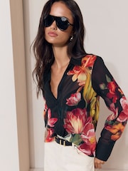 Lipsy Black Floral Chiffon Printed Shirt - Image 1 of 5