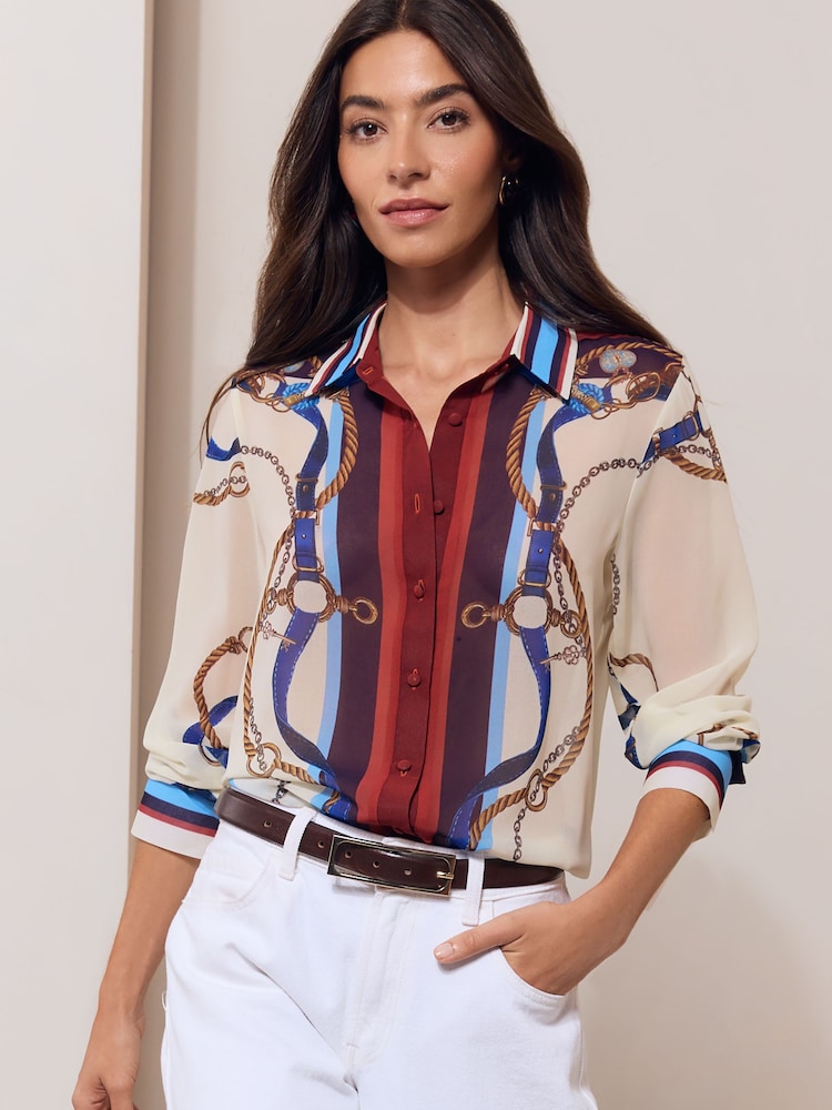 Lipsy Cream Chain Print Chiffon Printed Shirt - Image 1 of 5