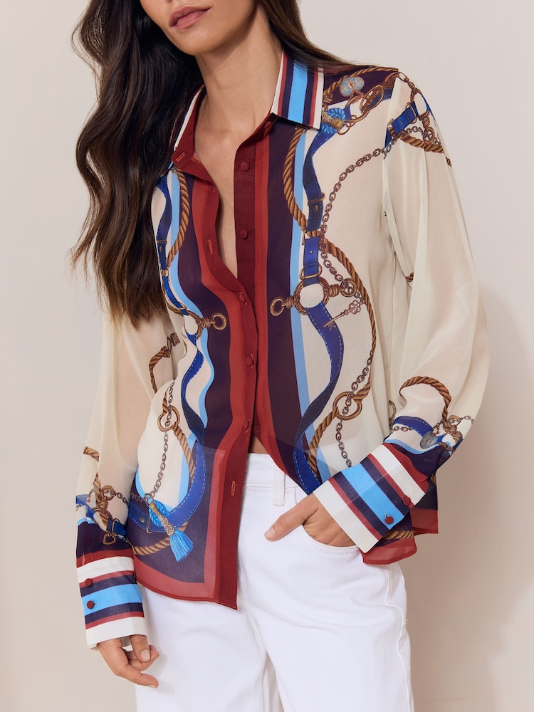 Lipsy Cream Chain Print Chiffon Printed Shirt - Image 2 of 5