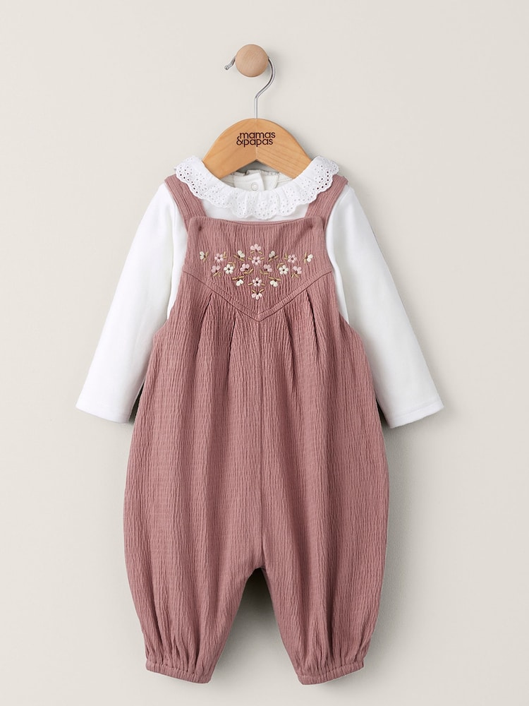 Mamas & Papas Pink 2 Piece Embroidered Crinkle Jersey Dungaree - Image 1 of 4