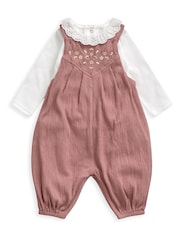 Mamas & Papas Pink 2 Piece Embroidered Crinkle Jersey Dungaree - Image 2 of 4