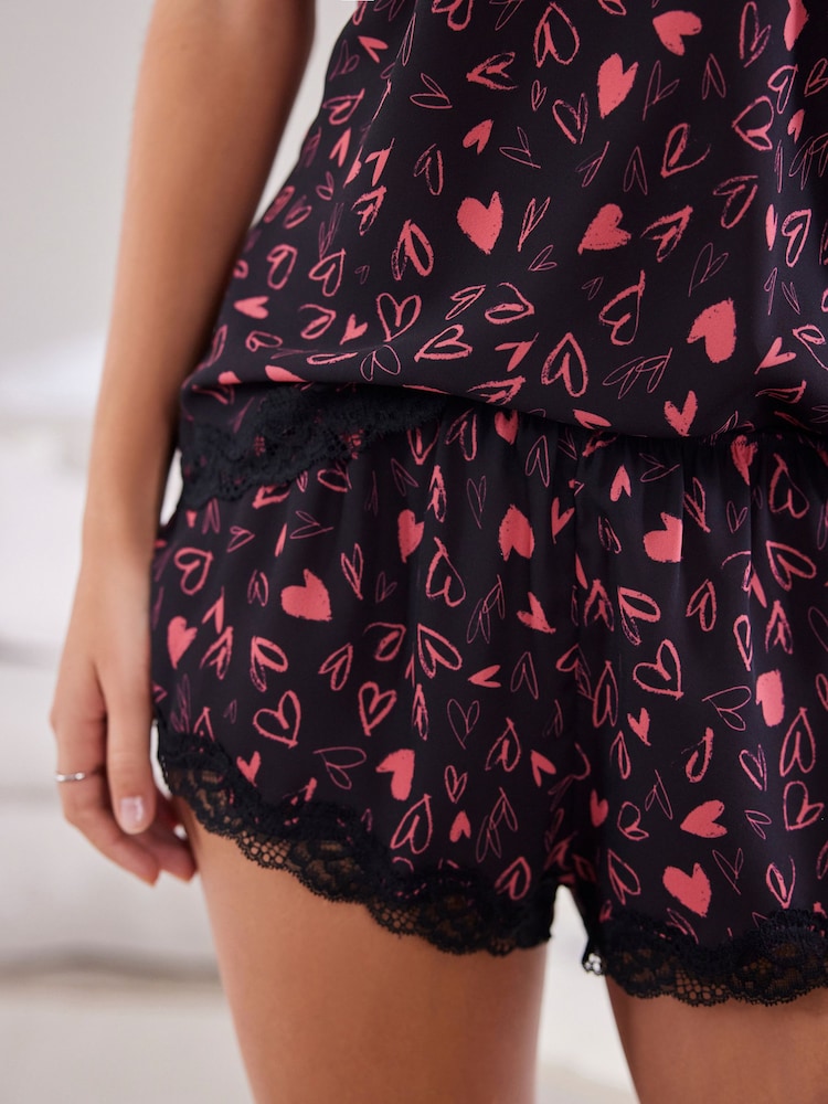 Heart Print Lace Trim Cami Top and Short Set - Image 5 of 9