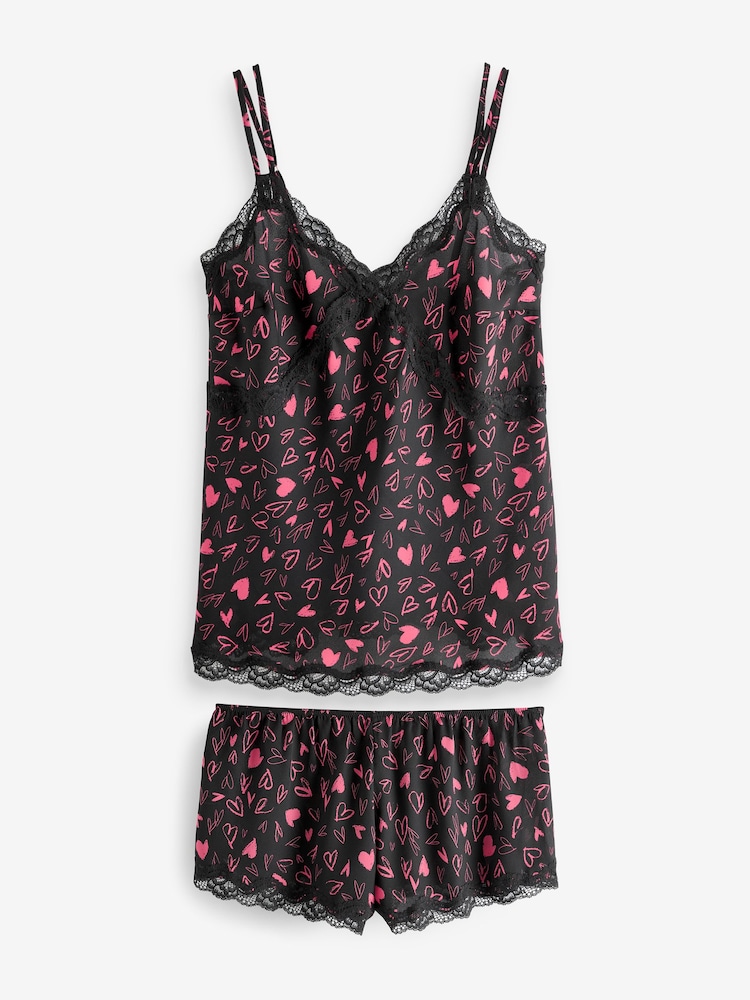 Heart Print Lace Trim Cami Top and Short Set - Image 6 of 9