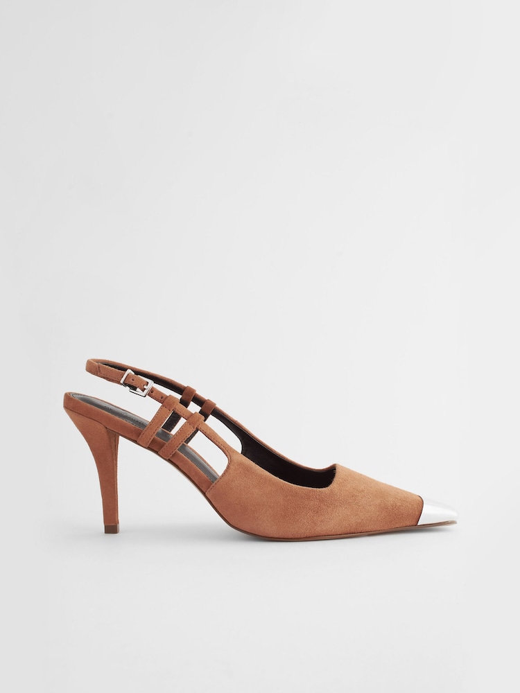 Tan Premium Leather Metal Chisel Toe Slingback Heel Shoes - Image 3 of 6