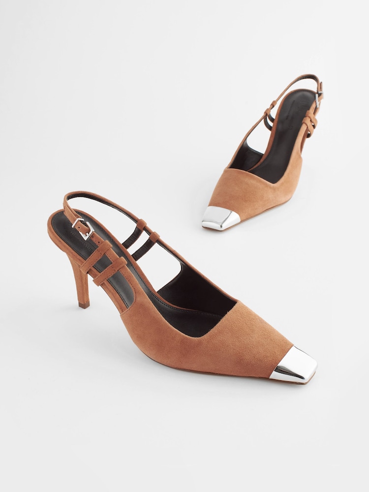 Tan Premium Leather Metal Chisel Toe Slingback Heel Shoes - Image 4 of 6