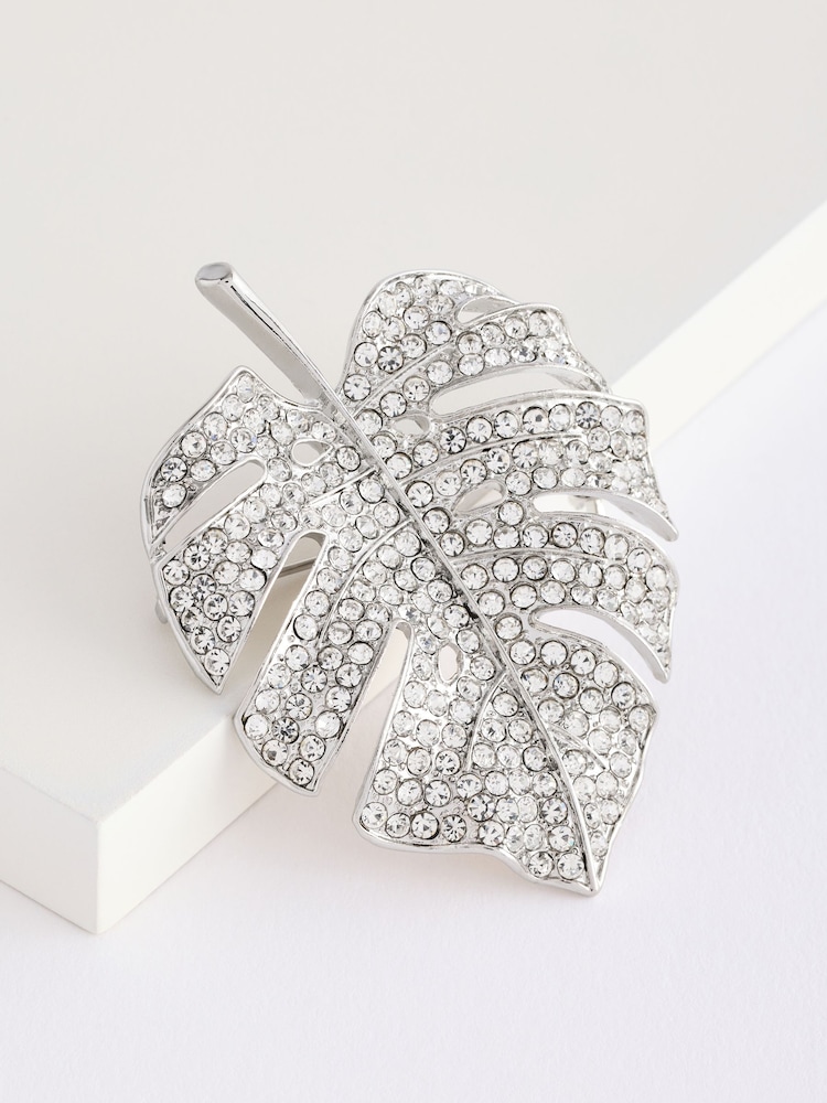 Silver Tone Sparkle Leaf Brooch Made With Recycled Zinc - Image 1 of 2 Silver Tone Sparkle Leaf Brooch Made With Recycled Zinc - Image 1 of 2