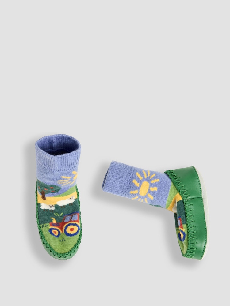 JoJo Maman Bébé Blue Farm Scene Moccasin Slipper Socks - Image 3 of 4