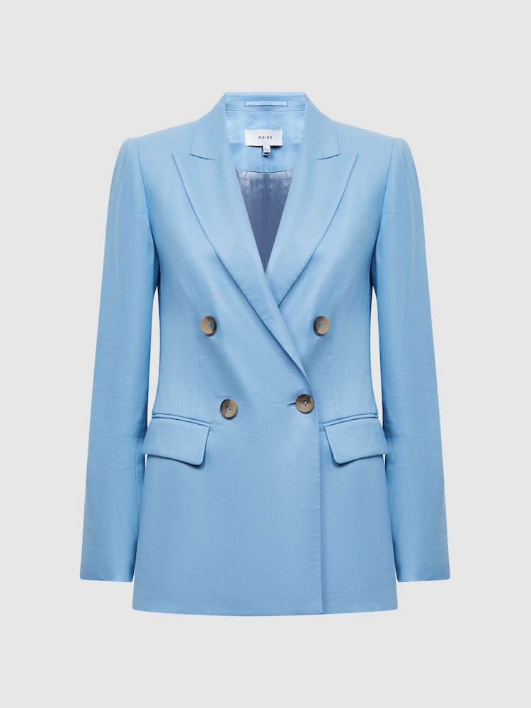 Reiss Blue Hollie Petite Double Breasted Linen Blazer - Image 2 of 8